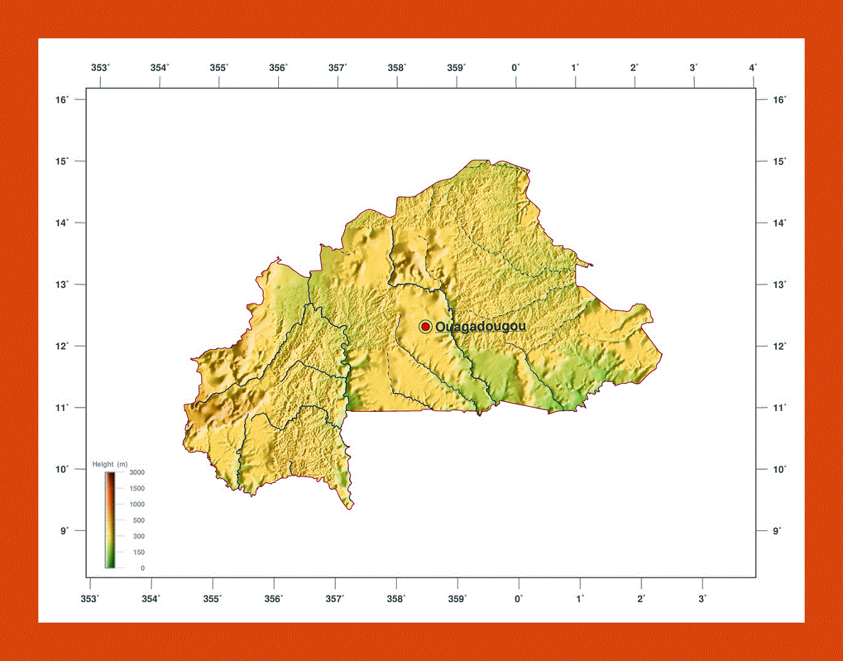 Elevation map of Burkina Faso