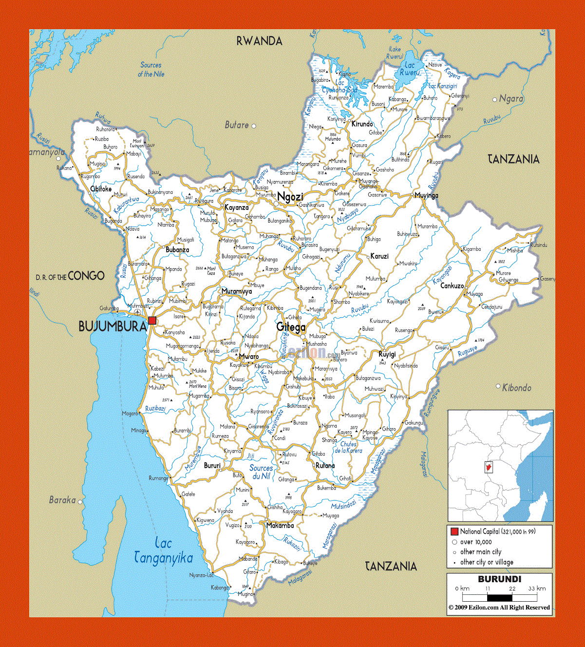 Road map of Burundi