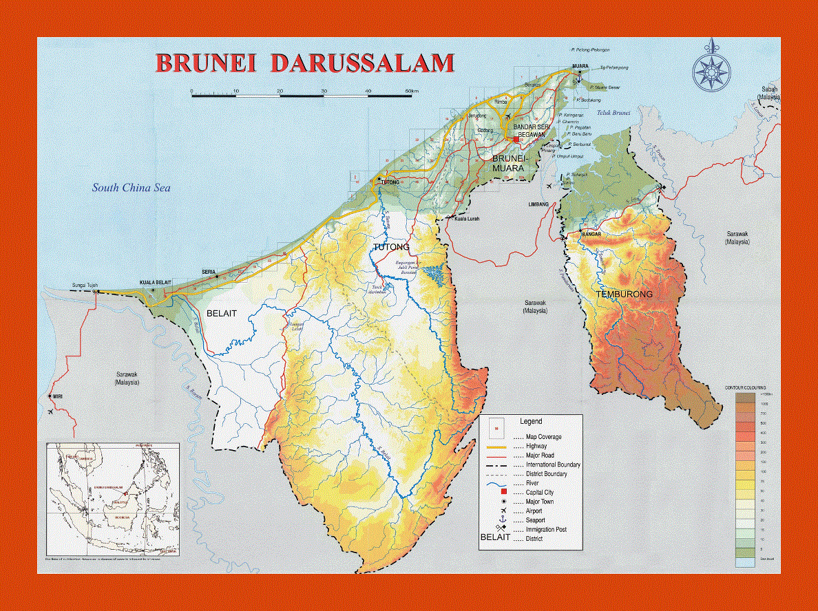 Physical map of Brunei