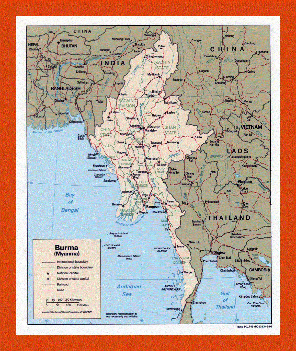 Political and administrative map of Burma (Myanmar)- 1991