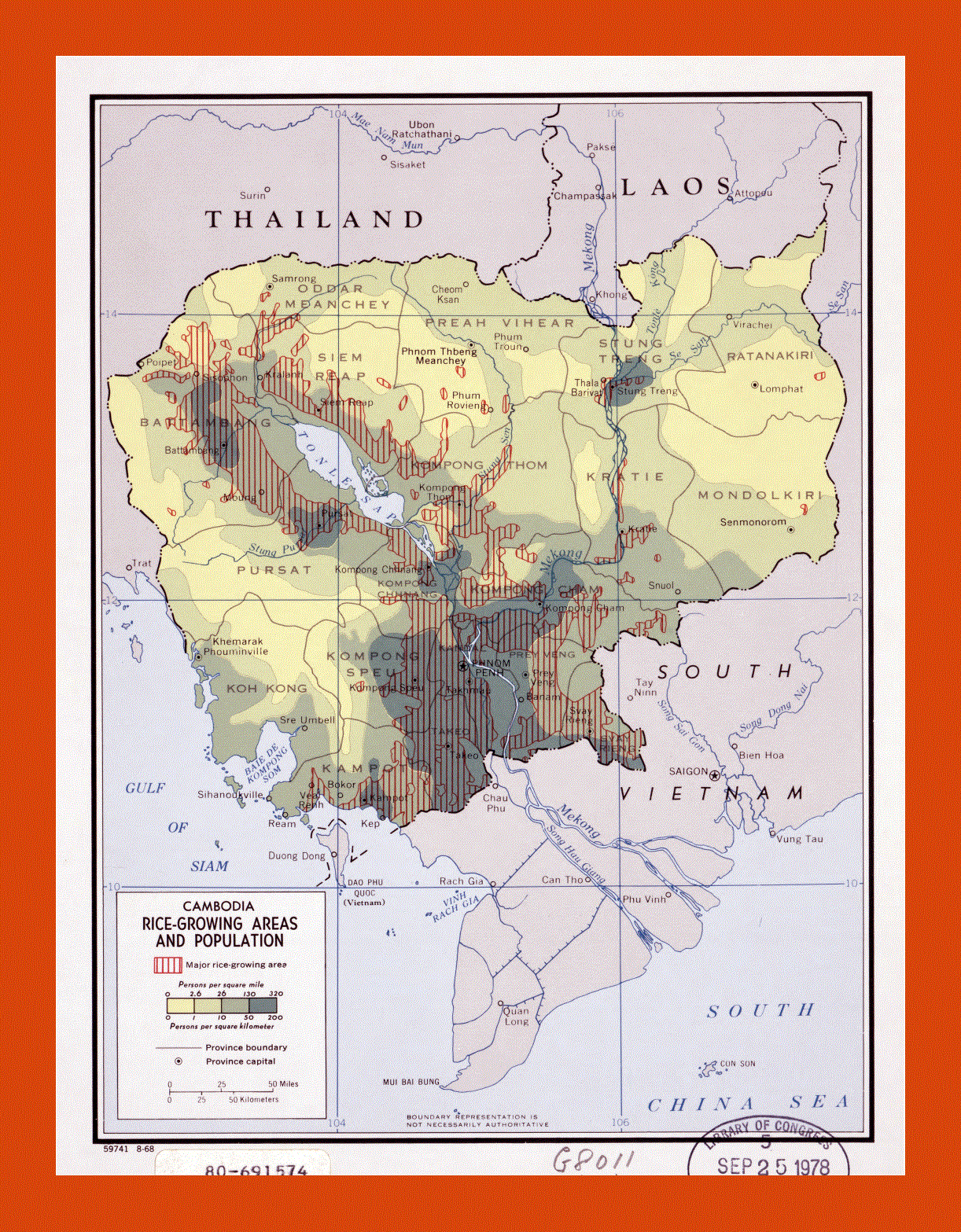 Rice growing areas and population map of Cambodia - 1968