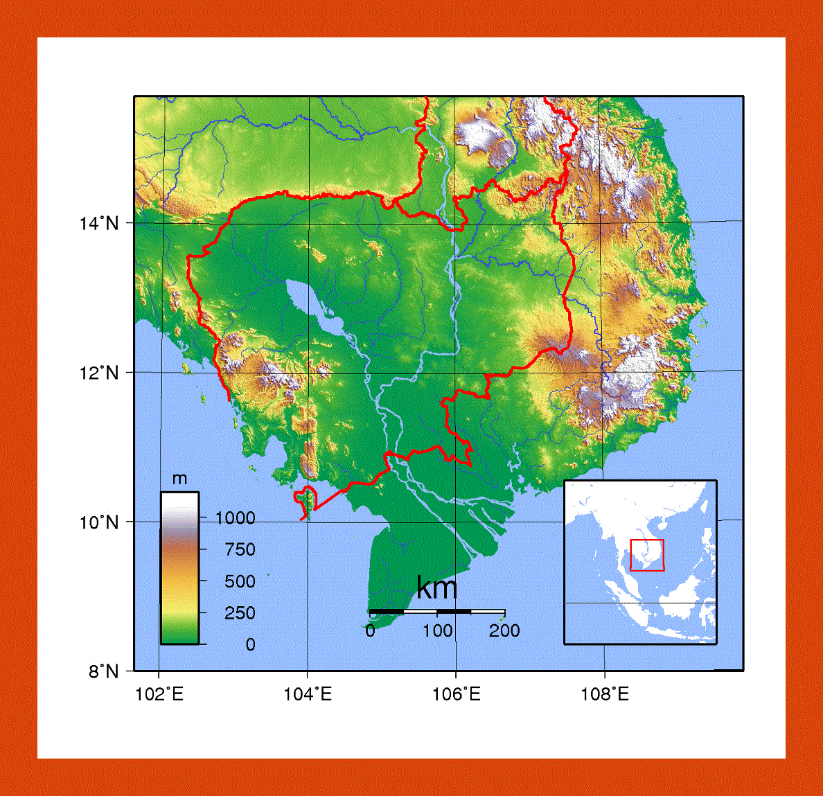 Topographical map of Cambodia