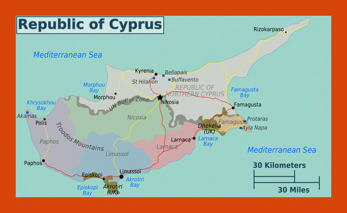 Regions map of Cyprus