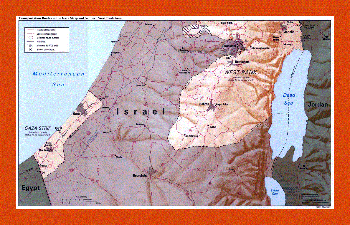 Transportation routes in Gaza Strip and Southern West Bank Area map - 1994