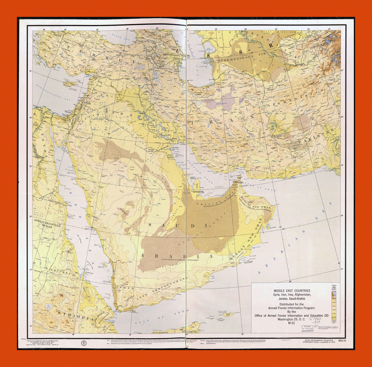 Old map of Middle East countries - Syria, Iran, Iraq, Afghanistan, Jordan and Saudi Arabia - 1955