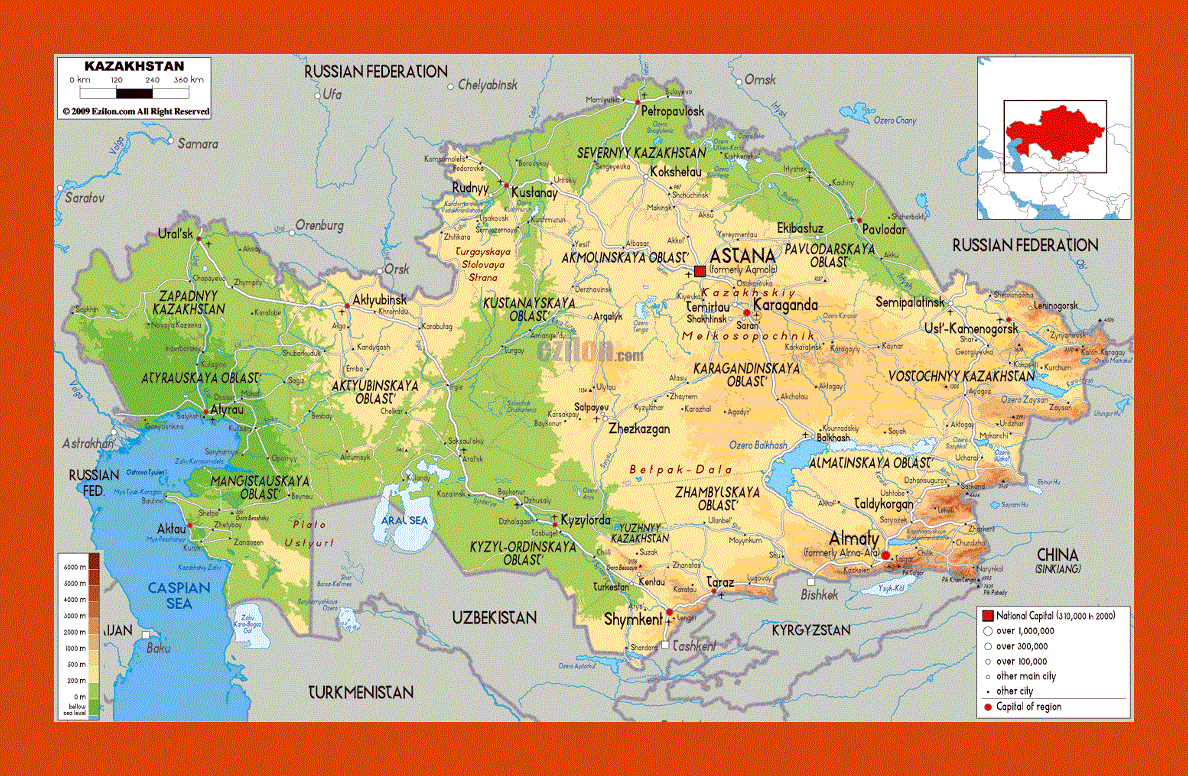 Physical map of Kazakhstan