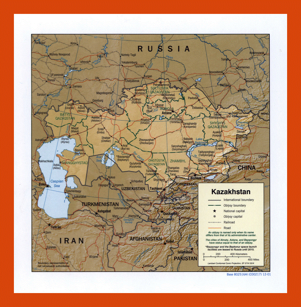 Political and administrative map of Kazakhstan - 2001