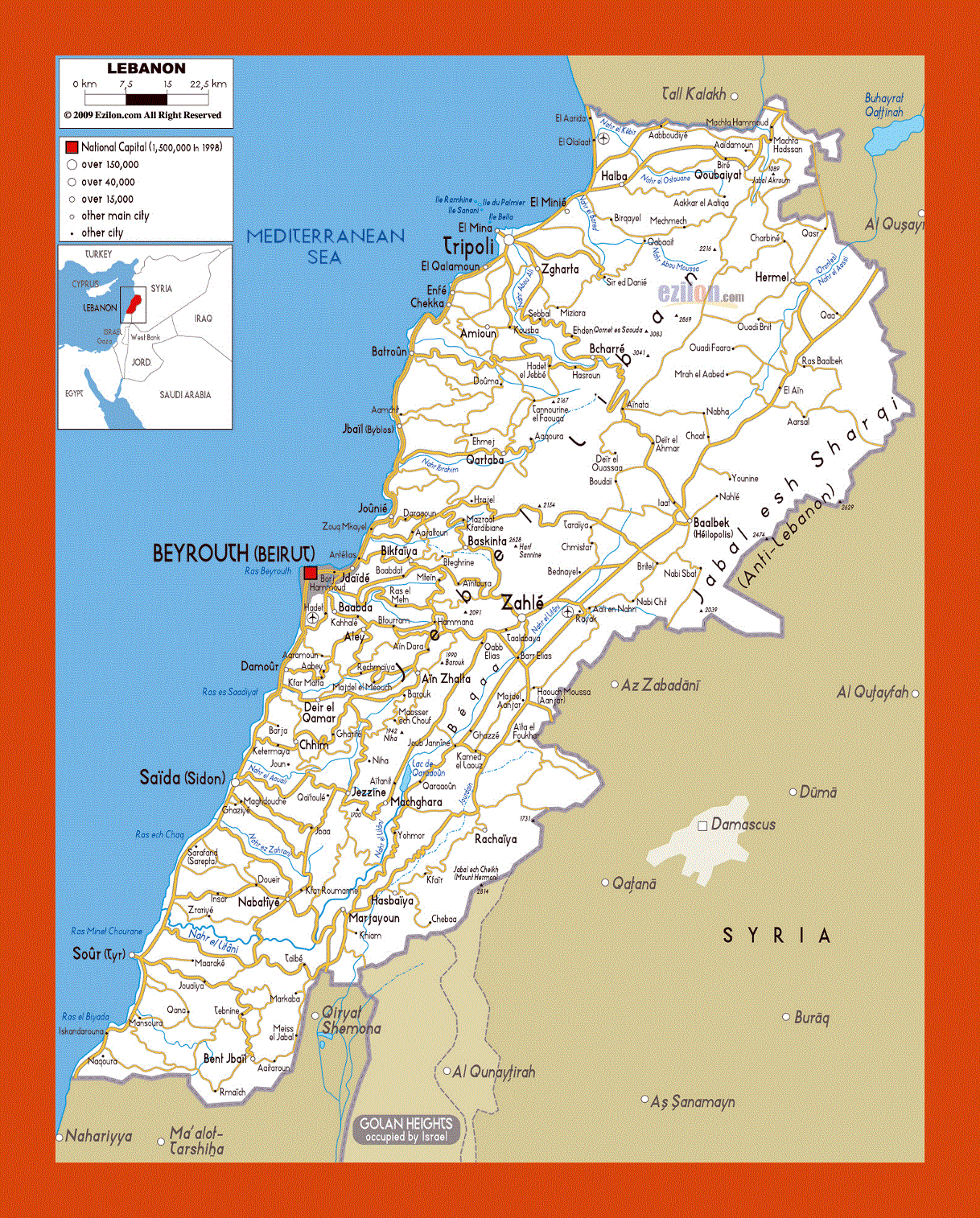 Road map of Lebanon