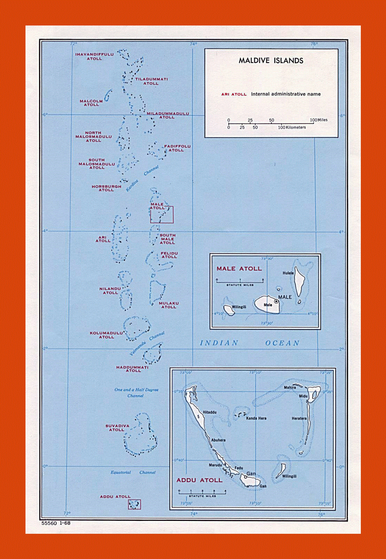 Administrative map of Maldives - 1968