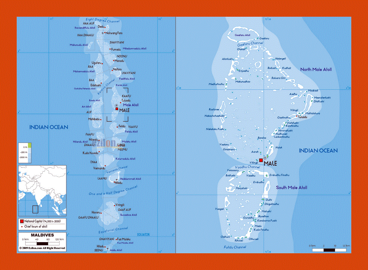 Physical map of Maldives
