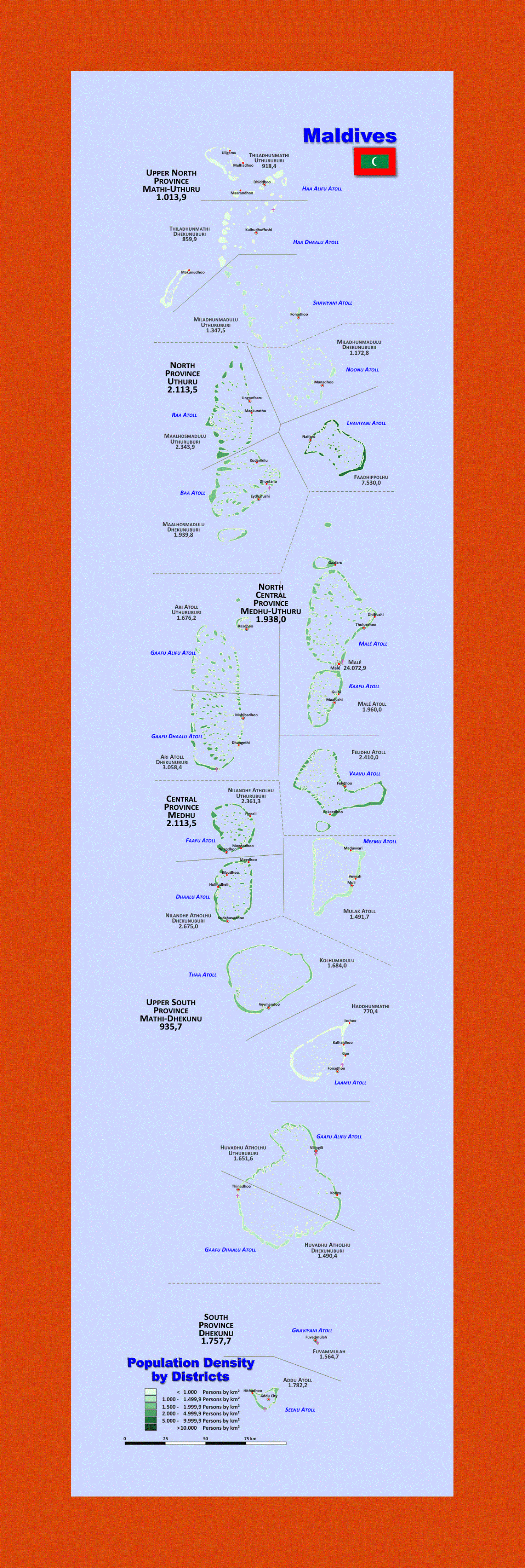 Population density by districts map of Maldives