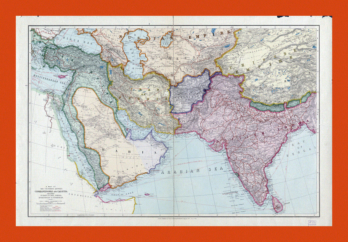 Old map of the countries between Constantinople and Calcutta including Turkey in Asia, Persia, Afghanistan and Turkestan - 1912