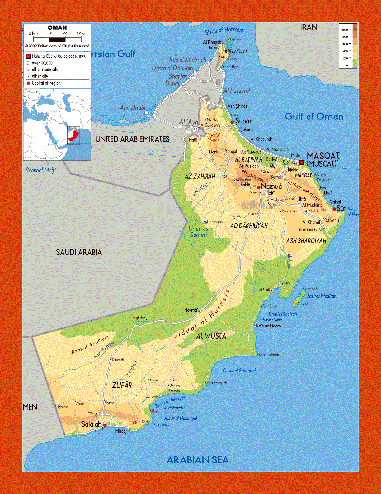 Physical map of Oman