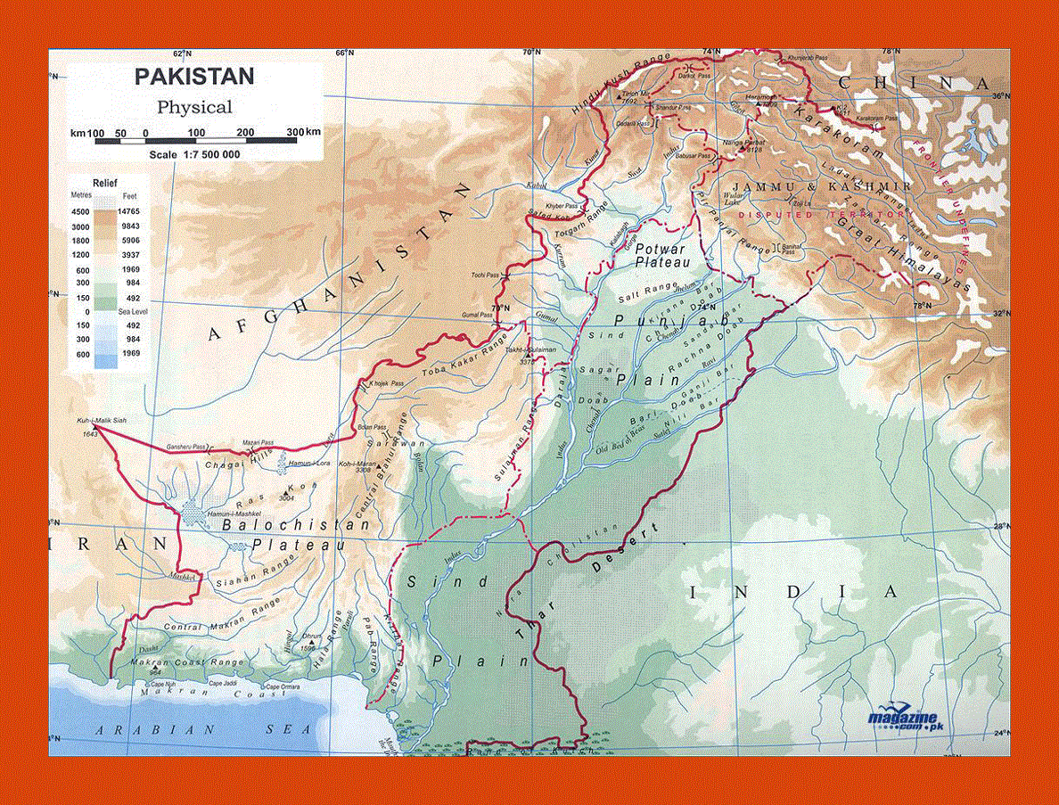 Physical map of Pakistan
