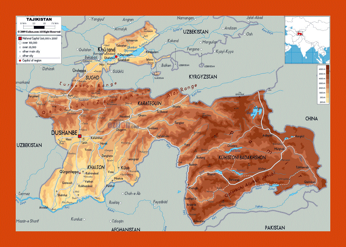 Physical map of Tajikistan