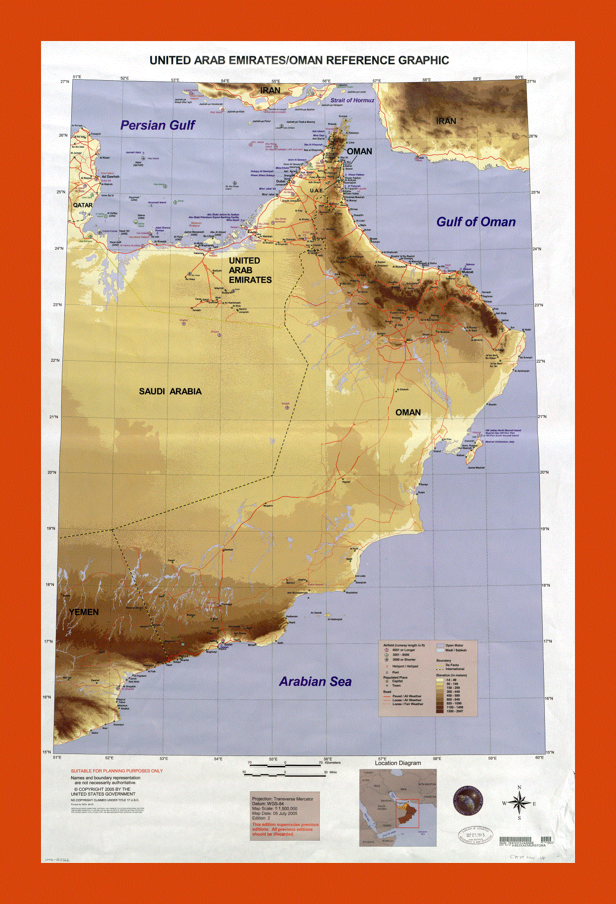 United Arab Emirates and Oman reference graphic map - 2005