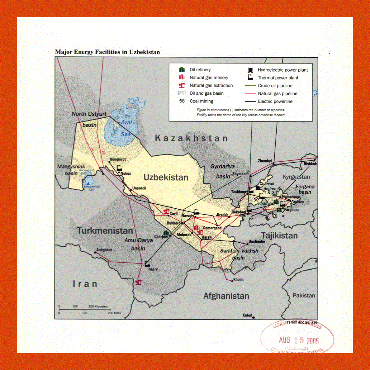 Major energy facilities map of Uzbekistan - 1995