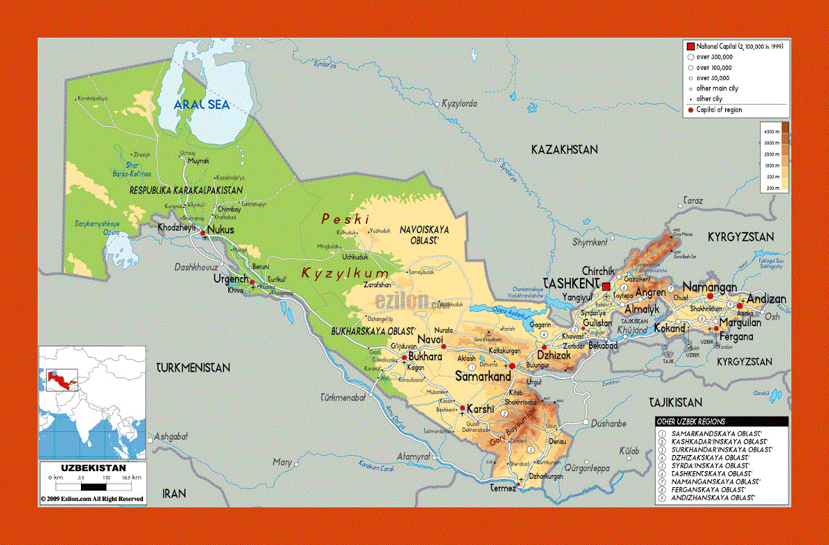 Physical map of Uzbekistan