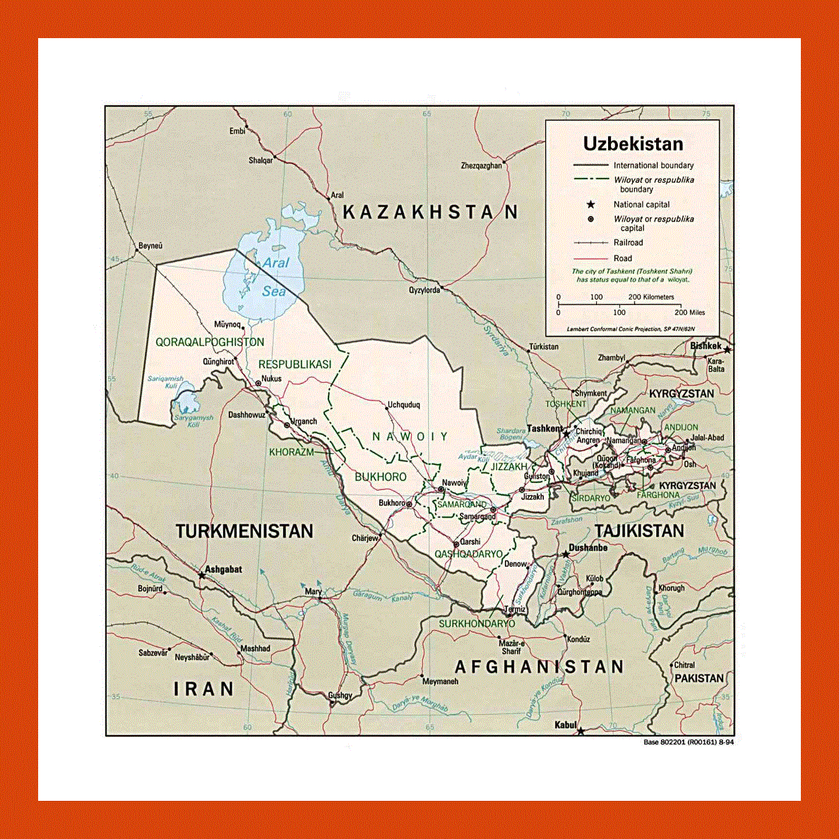 Political and administrative map of Uzbekistan - 1994