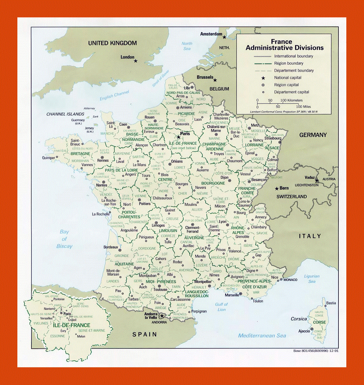 Administrative divisions map of France - 1991