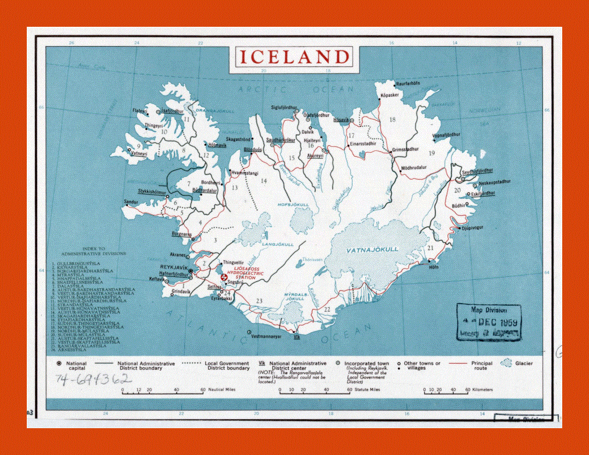 Administrative divisions map of Iceland - 1959