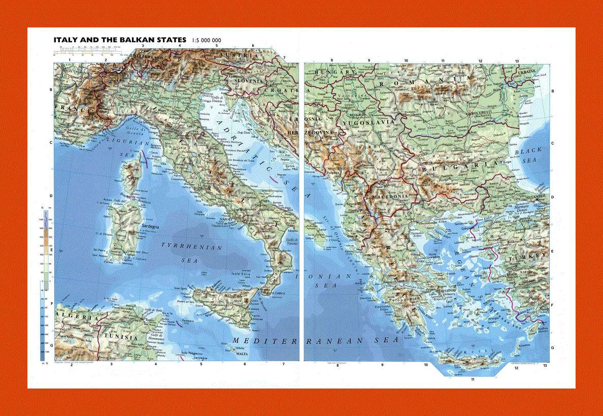 Physical map of Italy and the Balkan States
