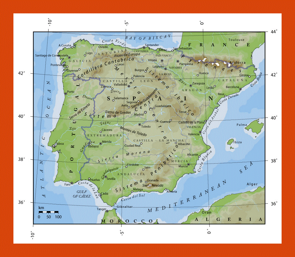 Elevation map of Portugal and Spain