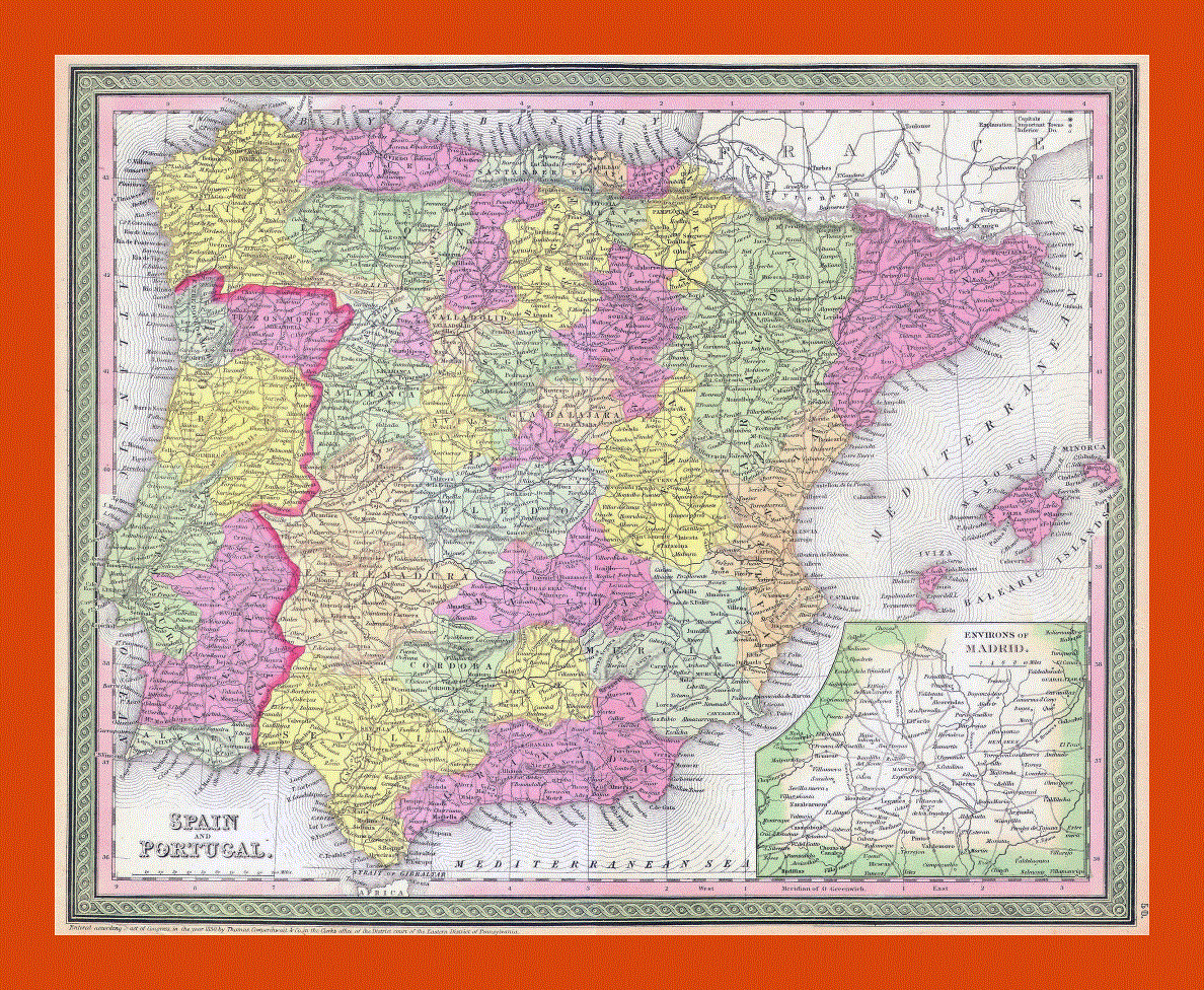 Old political and administrative map of Spain and Portugal - 1850